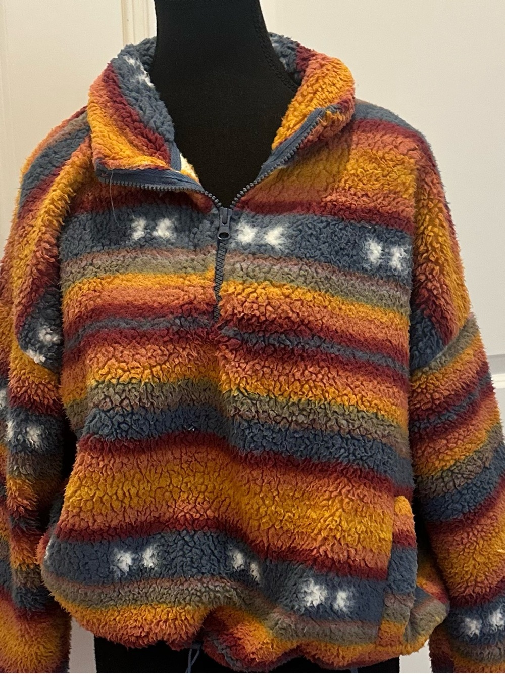 Hippie Rose Multi-Stripe Sherpa Pullover - Mustard/Blue/Red